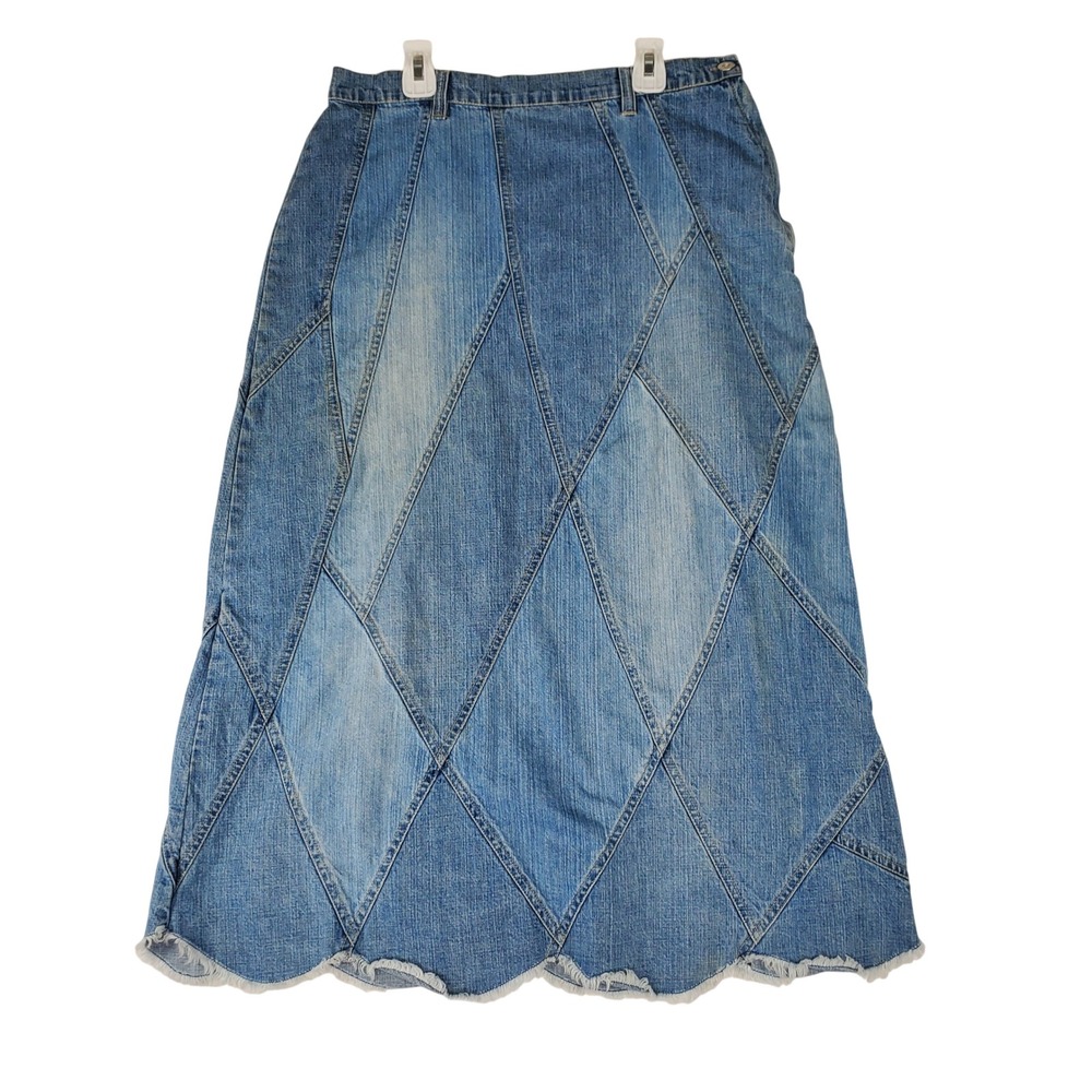 Gloria Vanderbilt Diamond Patchwork Denim Maxi Skirt Scalloped Hem Blue Women 10